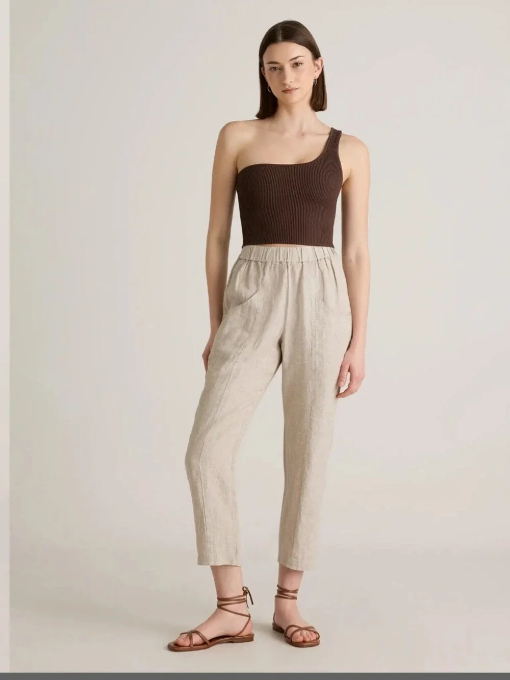 QUINCE 100% EUROPEAN LINEN TAPERED ANKLE PANTS SAND SIZE L